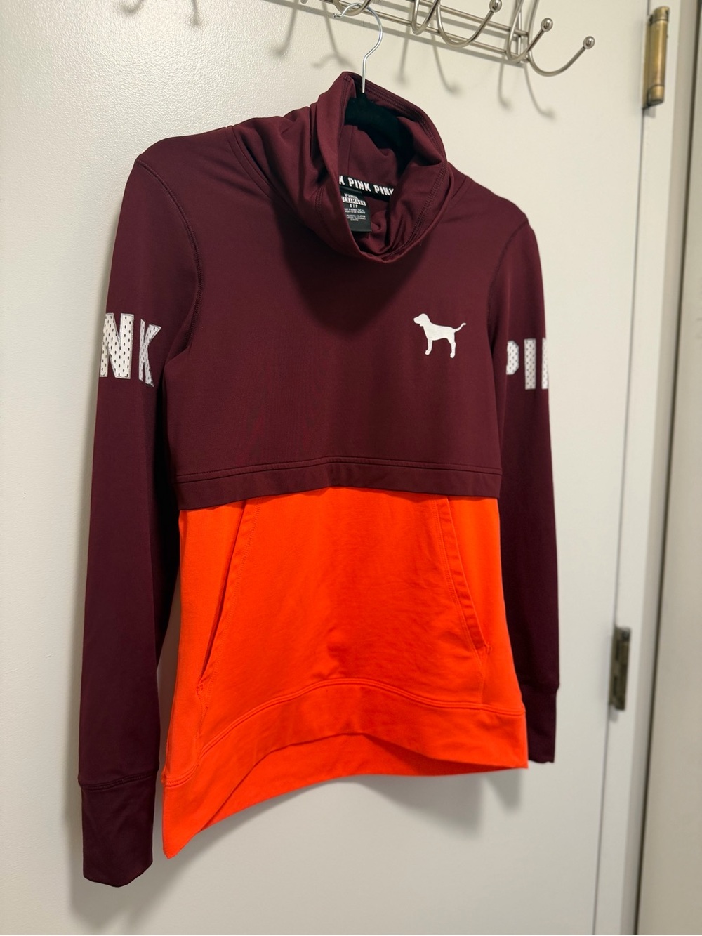 Vintage VS PINK Colorblock funnel neck hoodie - Burgundy & Bright Orange size S